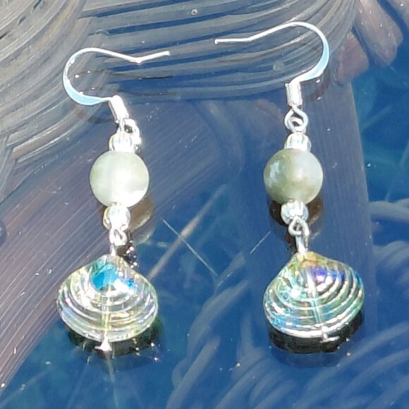 Czech glass pressed seashell beaded earrings moss agate 925 silver plated wires - Picture 1 of 2